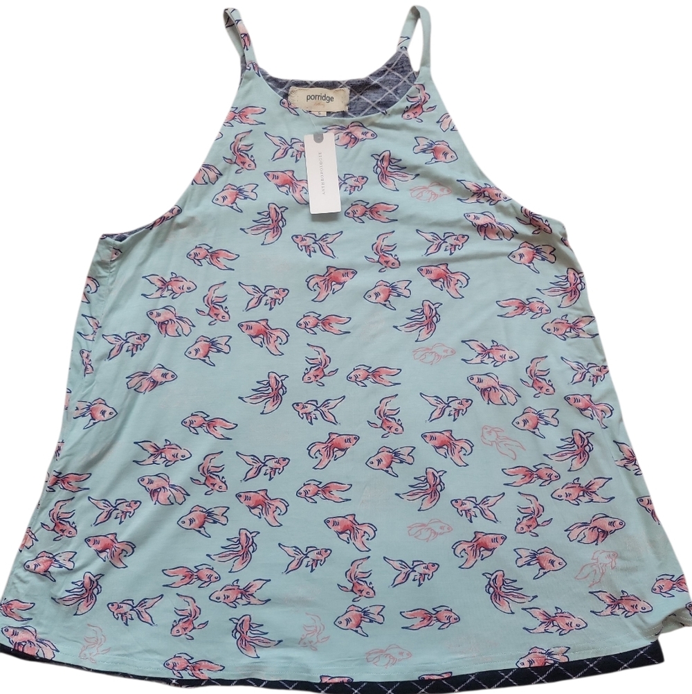 Anthropologie Light Blue Tank Top with Pink Fish Print NWT Ss S